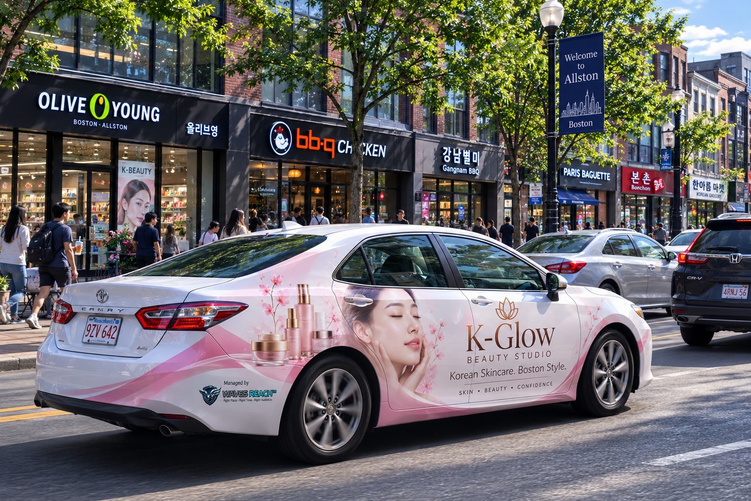 WAVES PRESENCE campaign concept — K-Glow Beauty Studio branded vehicle in the Korean district of Allston Boston showing consistent everyday community presence