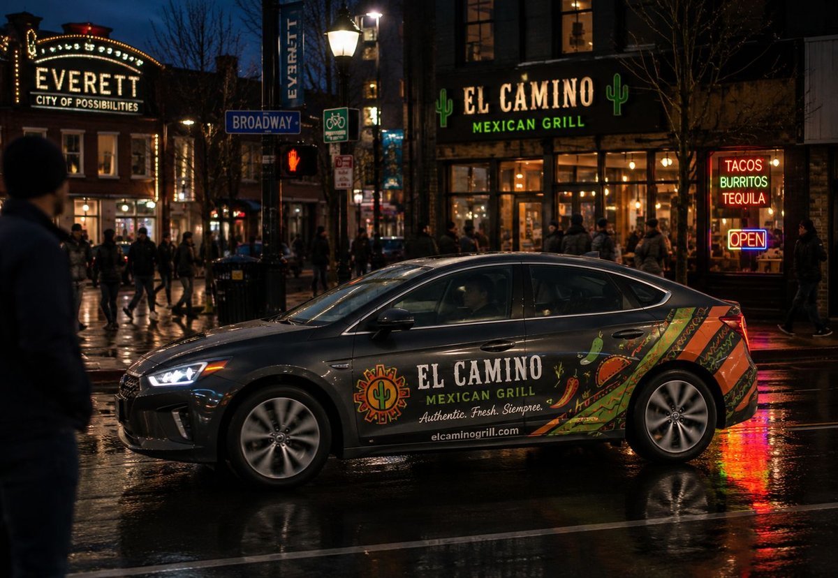 Campaign concept showing a branded vehicle in an Everett MA restaurant and commercial street area at night