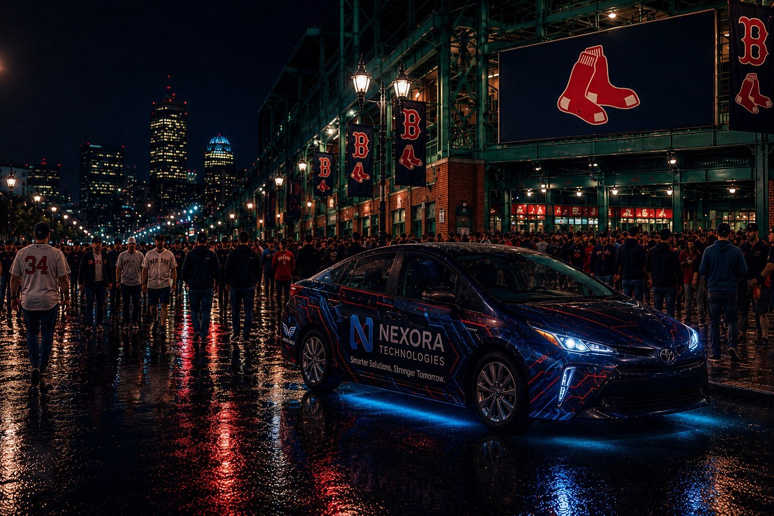 Campaign concept showing a branded vehicle outside Fenway Park at event night — right time, when attention is highest