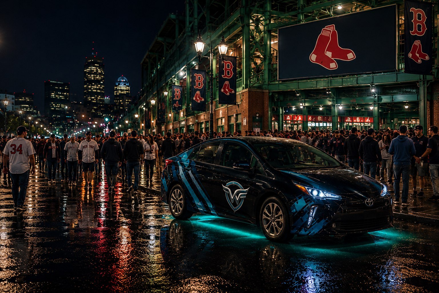 WAVES REACH branded vehicle outside Fenway Park at night with a large crowd on a rain-slicked street