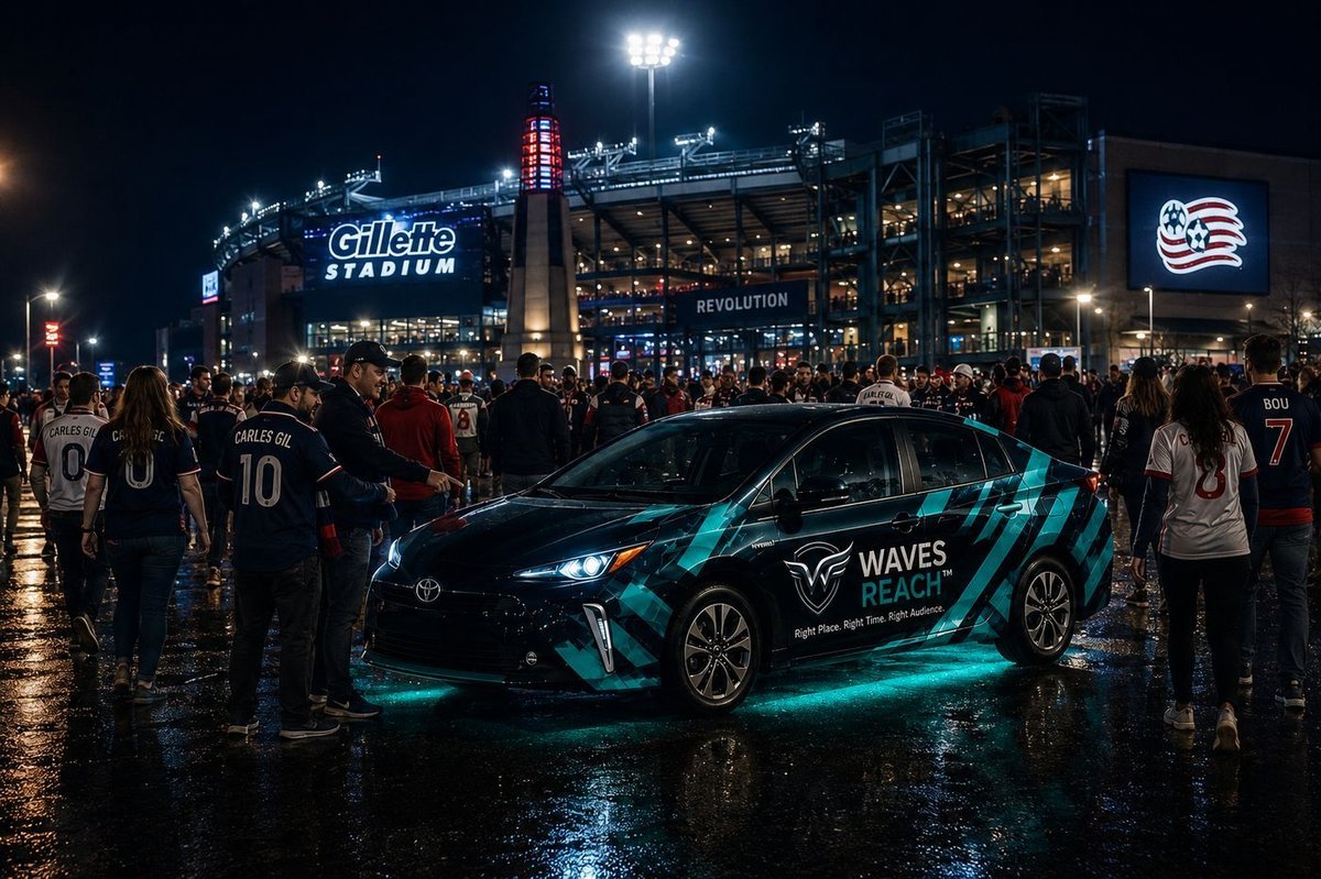 Campaign concept showing a branded vehicle prominent at a major event with a large crowd