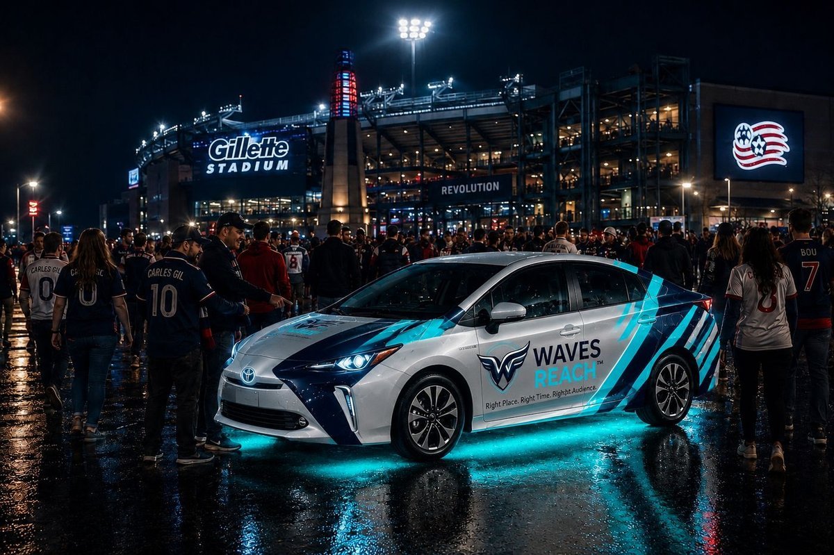 Campaign concept showing a branded vehicle on Hanover Street in the North End Boston neighbourhood at night