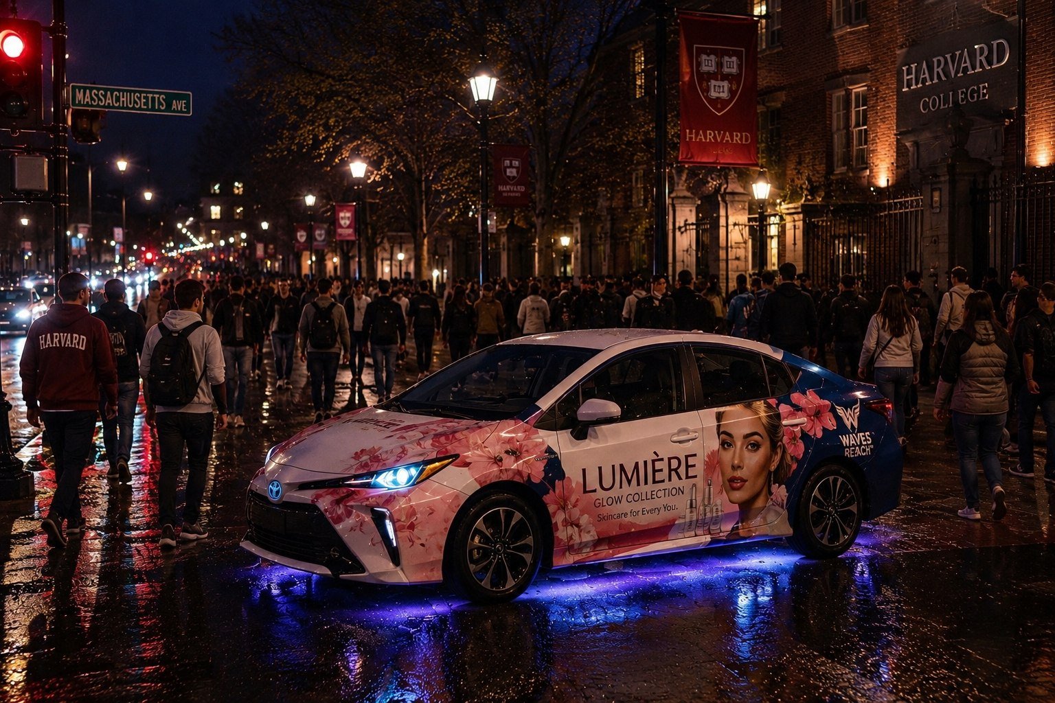 Campaign concept for Lumiere beauty brand vehicle on Massachusetts Avenue near Harvard University Cambridge at night with crowd