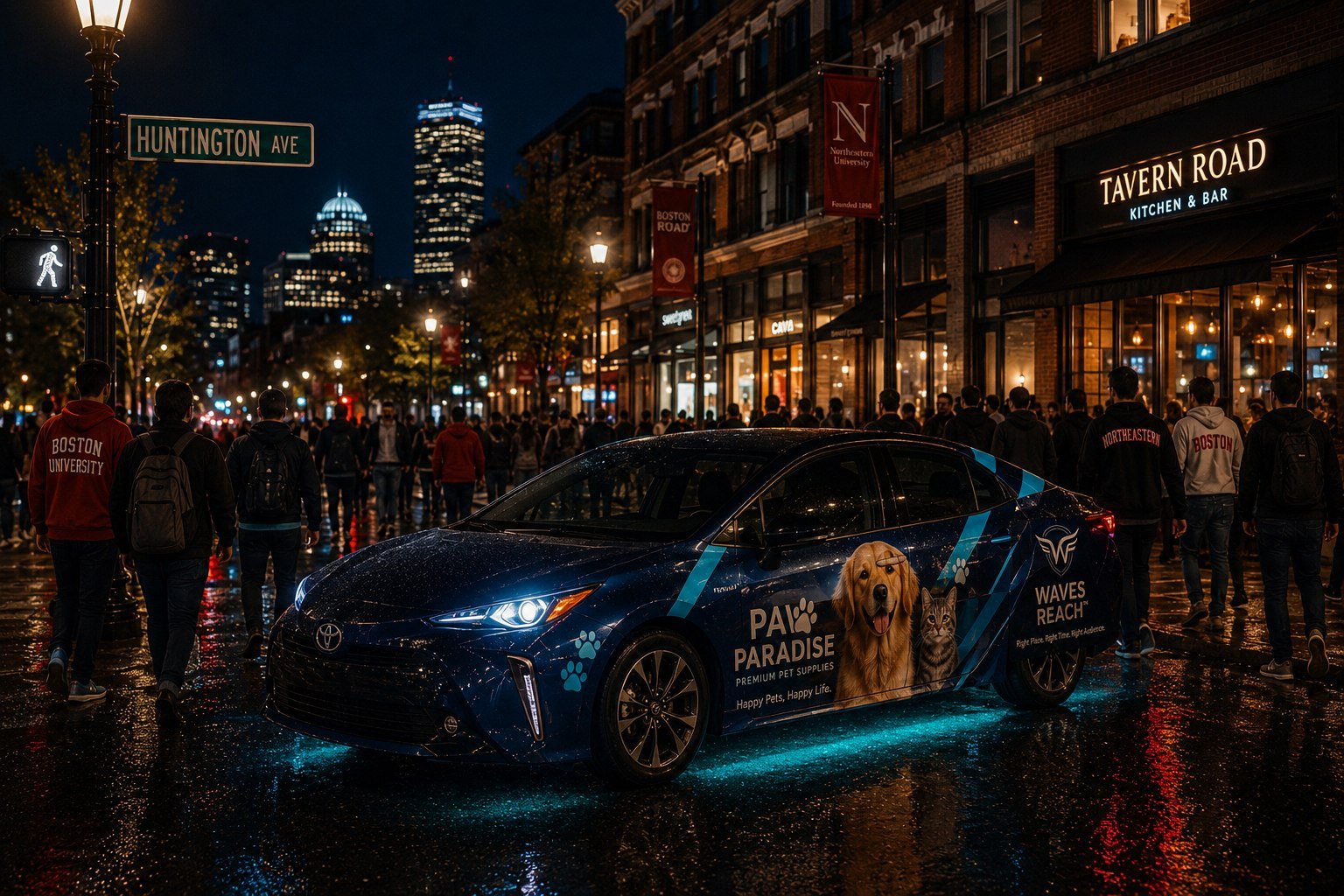 Campaign concept for Paw Paradise pet brand vehicle on Huntington Avenue — major Boston commuter corridor near Northeastern University