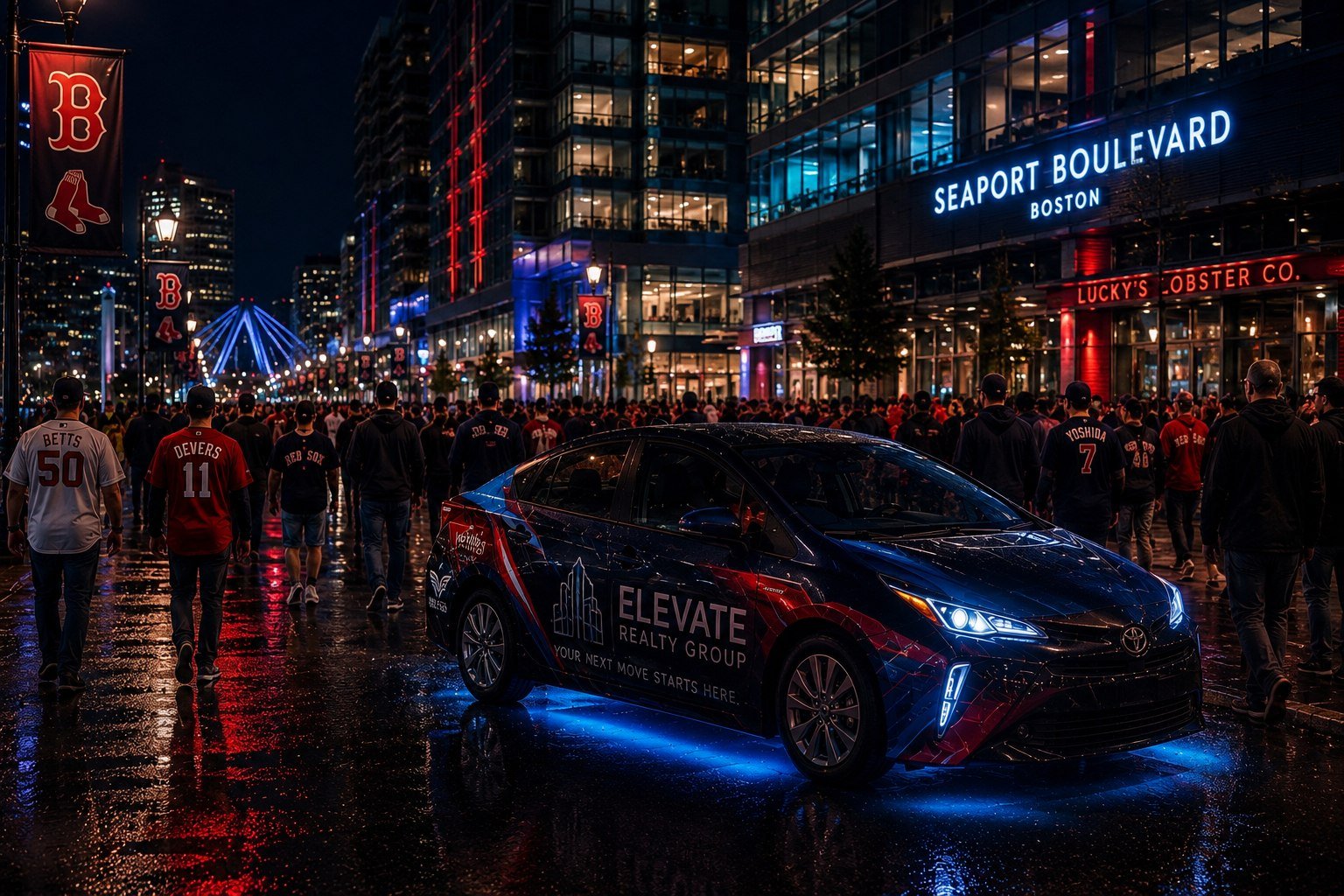 Campaign concept for Elevate Realty Group vehicle on Seaport Boulevard Boston at night with crowd