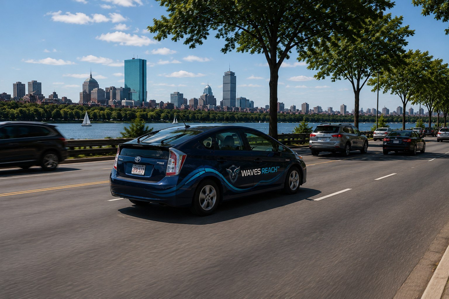 WAVES REACH branded vehicle on Storrow Drive Boston alongside the Charles River during a normal afternoon