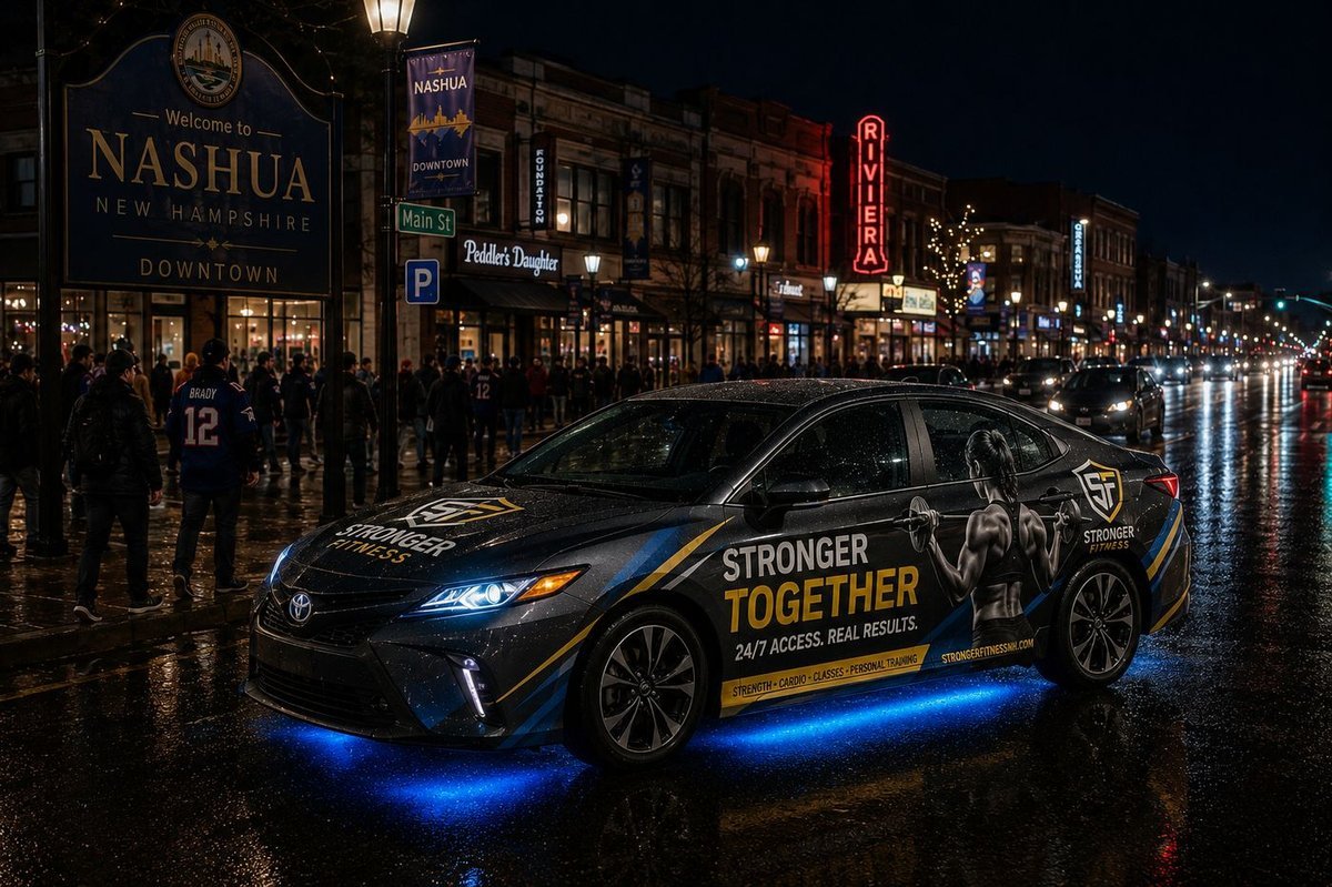 Campaign concept showing a branded vehicle in a local Boston-area business district