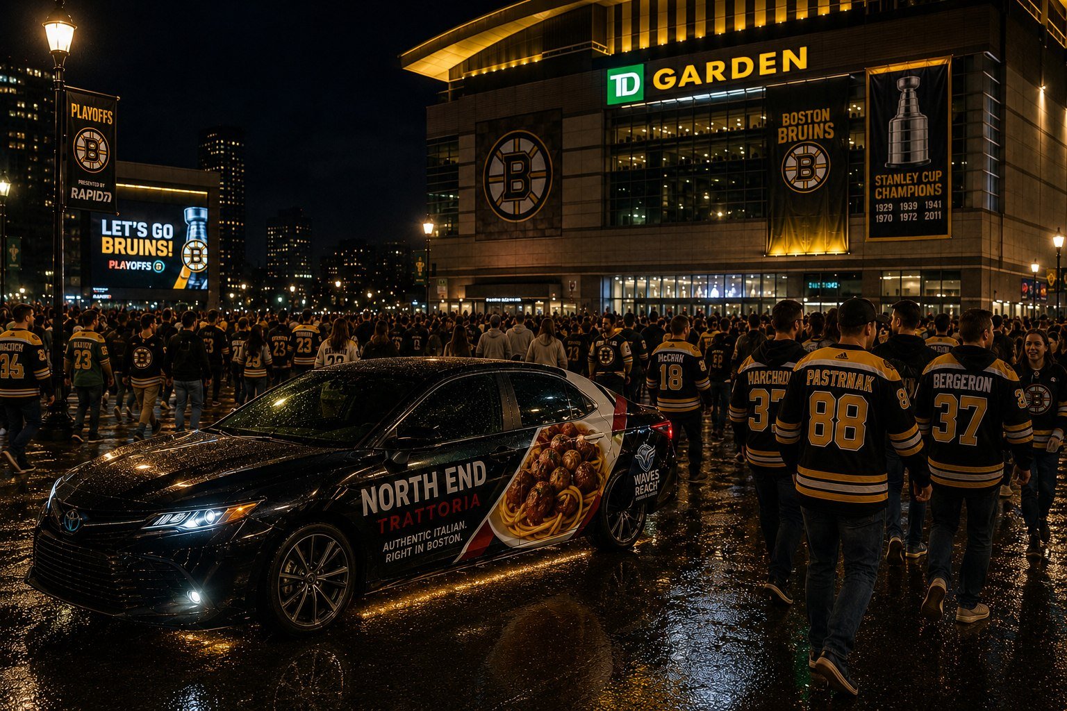 A restaurant-branded vehicle outside TD Garden during a Boston Bruins playoff night with crowd