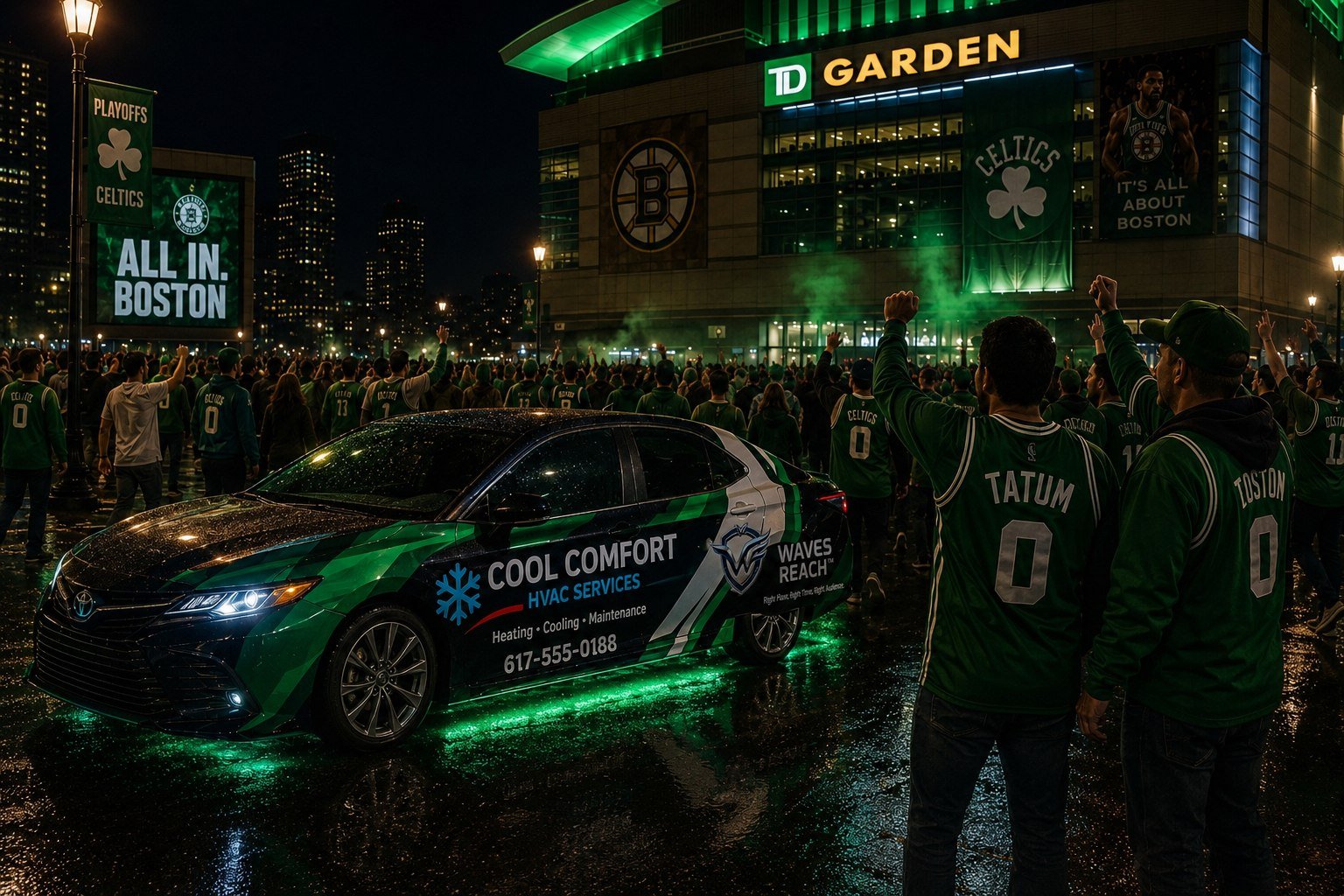 A local HVAC business vehicle wrap outside TD Garden during a Boston Celtics playoff night with crowd
